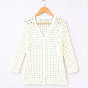 Coldwater Creek Ivory Open Knit Cardigan Sweater Lg 14 Crochet Boho Cottagecore